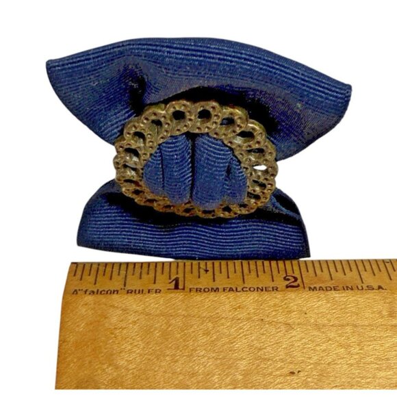 Vintage Shoe Clips Bows 2.25” Navy Blue Ribbon Brass Tone Metal Ring Set Of 2 - Picture 14 of 14